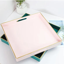 Load image into Gallery viewer, Pink Decorative Tray, Serving Tray with Handles, 13&quot; X 13&quot; Square Plastic Coffee Table Tray for Ottoman, Living Room, Bathroom, Home Decor.
