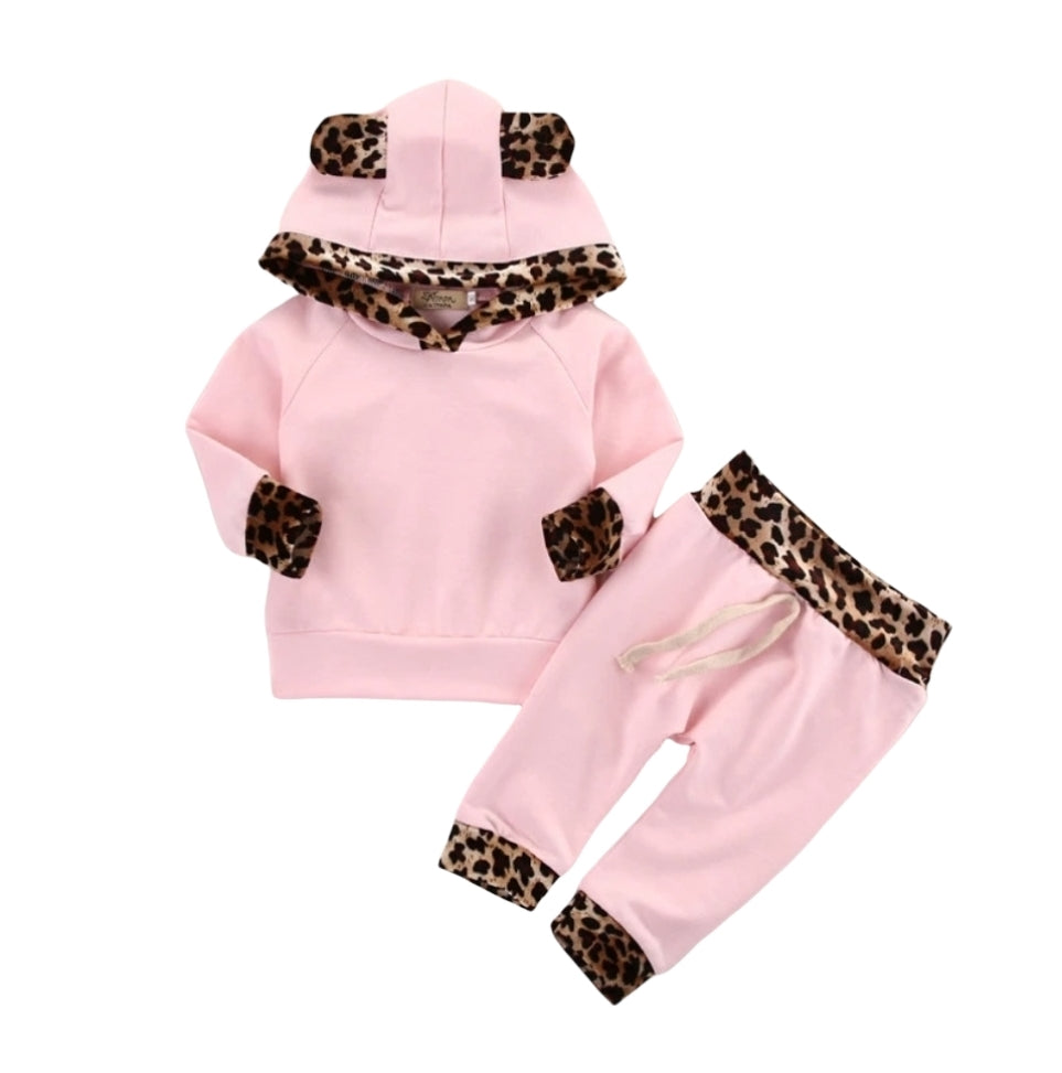Pink Leopard Long Sleeve Hooded Pant Suit